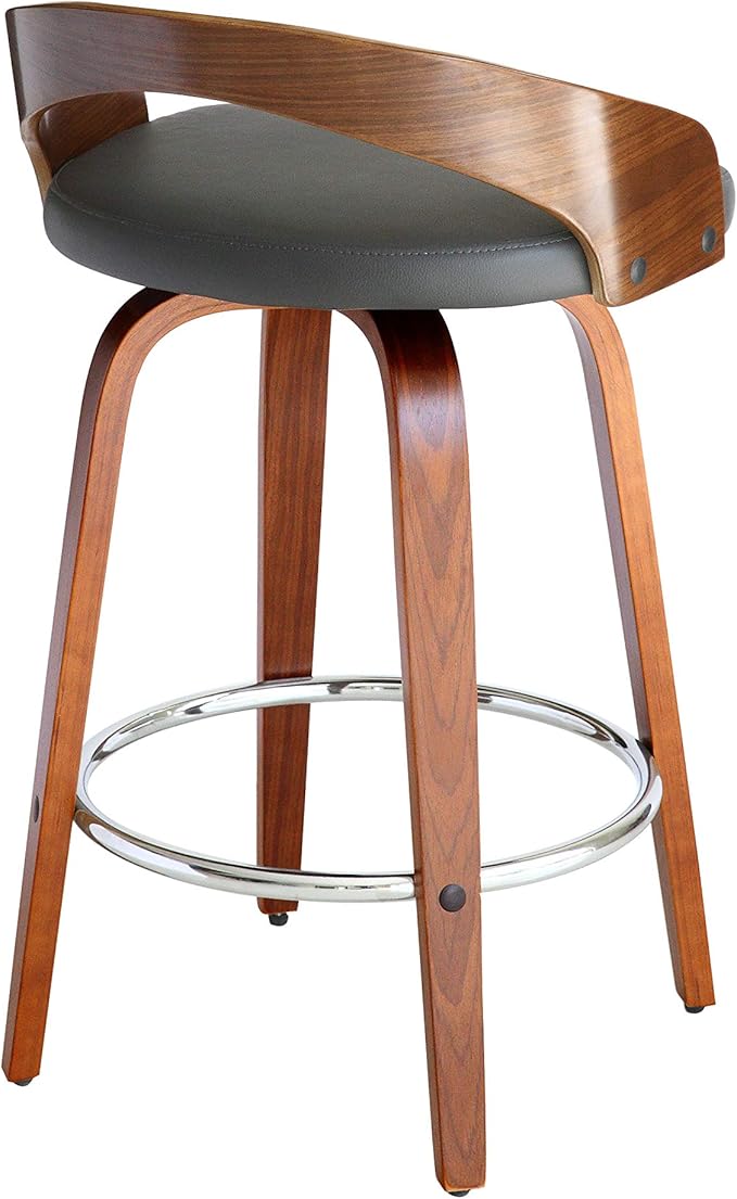 Armen Living Sonia 26" Counter Height Swivel Gray Faux Leather and Walnut Wood Bar Stool - Set of 2