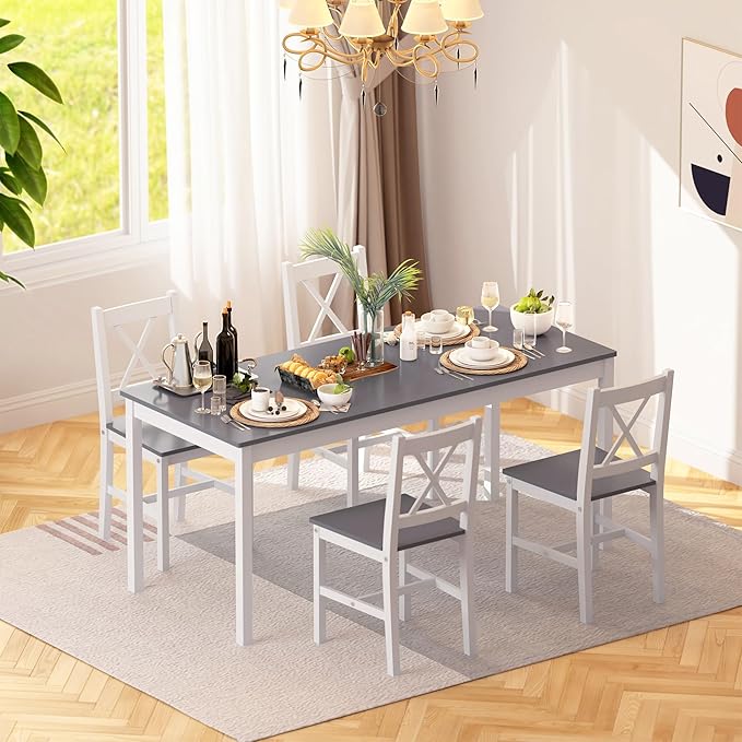 soges 5 Pieces Dining Table Set with 4 Chairs, 47.2 inch Kitchen Pine Wood Table for 4, Rectangular Dining Table Furniture Set for Kitchen, Dining Room, Dinette, White & Grey