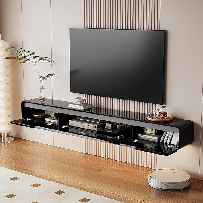 High Gloss Floating TV Stand with 3 Doors,55'' Wall Mounted TV Cabinet,Under TV Console,Floating Media Shelft for Bedroom Living Room(Black)