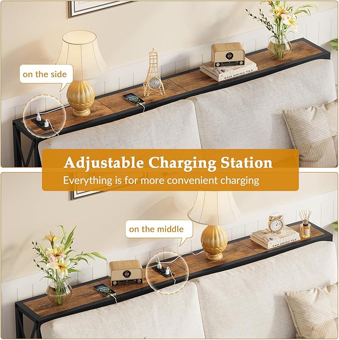 Console Table with Oulets and USB Ports, 55.1" Sofa Table Behind Couch, Industrial Long Skinny Stand for Hallway, Living Room, Bedroom, 6.5 Feet Power Cord, Rustic Brown