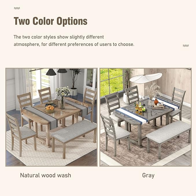 Merax 6-Piece Rubber Wood Dining Table Set with 4 Cushioned Chairs and Bench, Beautiful Wooden Grain Pattern Tabletop, Natural Wood Wash