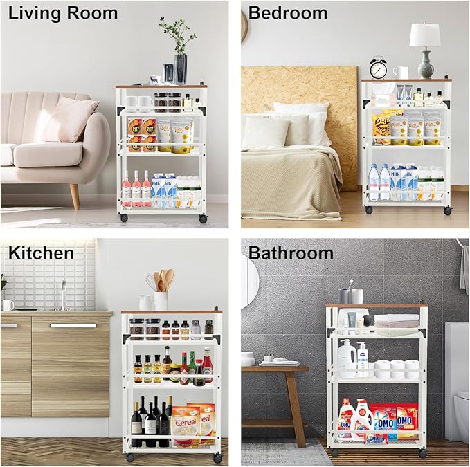 2025 New, Slim Kitchen Storage Cart, 3 Tier Metal Rolling Utility Cart Mesh Basket, Multifunction Wire Basket Shelf Trolley for Home Laundry, Bathroom, Living Room, White