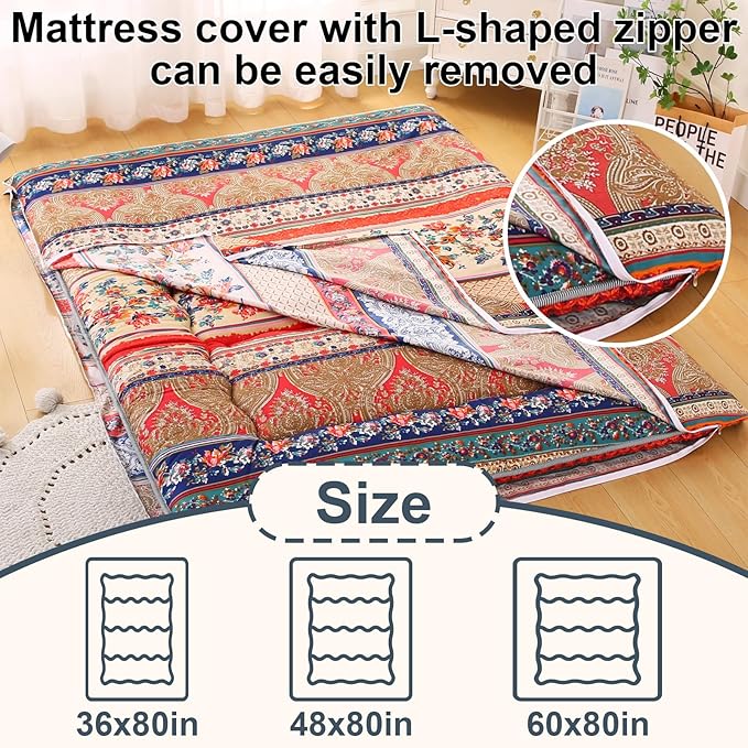 Bohemian Retro Japanese Floor Mattress, Vintage Floral Tatami Floor Mat, Portable Roll up Futon Mattress for Guest,Tavel (A,Twin 80" x 36")