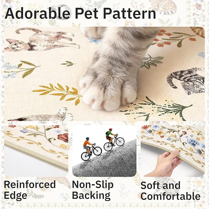 Soalmost Cat 6x9 Area Rugs for Living Room, Machine Washable Animal Floral - Image 6