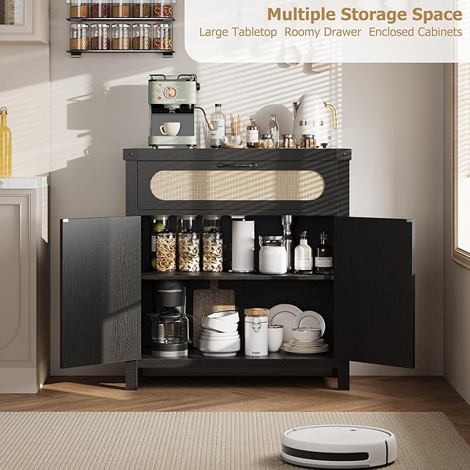 Garvee 29.9'' Small Rattan Buffet Cabinet with Storage, Kitchen Coffee Bar Cabinet with Doors and Drawer, Boho Farmhouse Sideboard with Adjustable Shelves and Handle for Living Room, Black