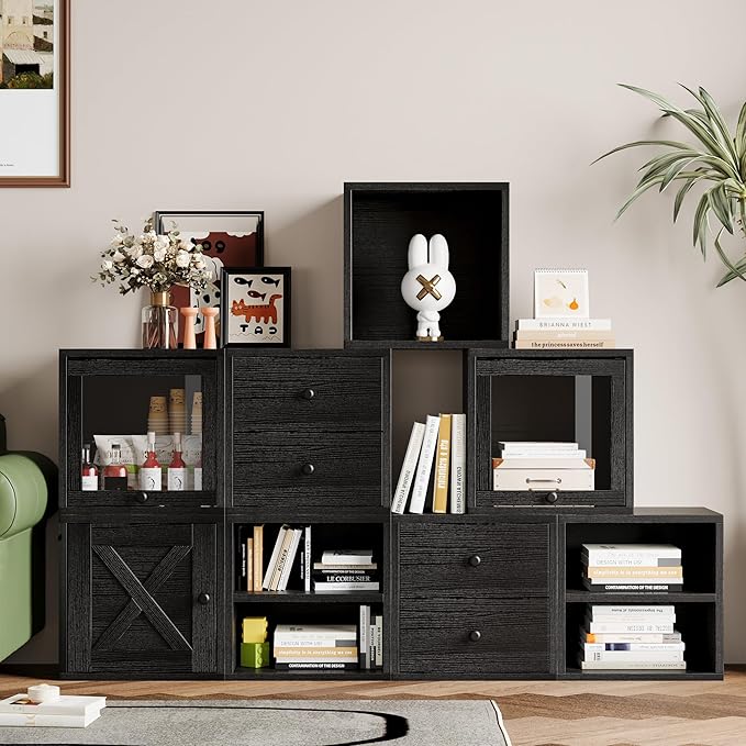 FUSUNBAO Magic DIY Cube Storage Organizer Stackable Cubes for Home Books Clothes Toy-Modular Cubby Storage System-Office Cubical-Bookcase Closet (Black, Door Cube)