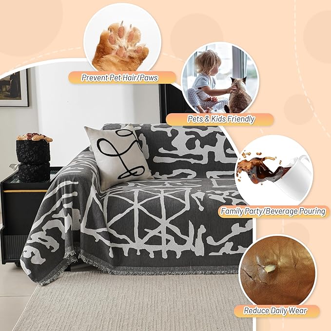MYSKY HOME Boho Couch Cover Sofa Covers, Couch Covers for 2 Cushion Couch Sofa, Chenille L Shape Sectional Couch Cover - Pet-Friendly, Machine Washable, Sofa Protector for Kid, 71"x118", Grey Geometry