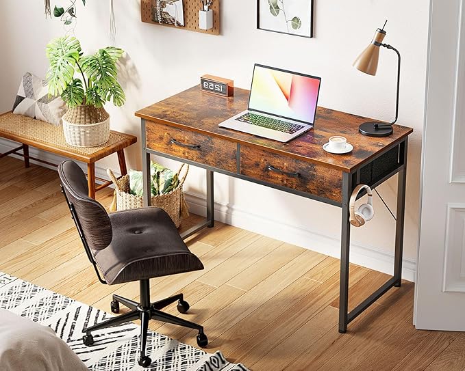 Casaottima 40 Inch Small Office Computer Desk with 2 Drawers & Headphone Hook - Compact Writing Desk for Home Office, Study or Work, Modern Space-Saving Design for Small Spaces, Pure Vintage