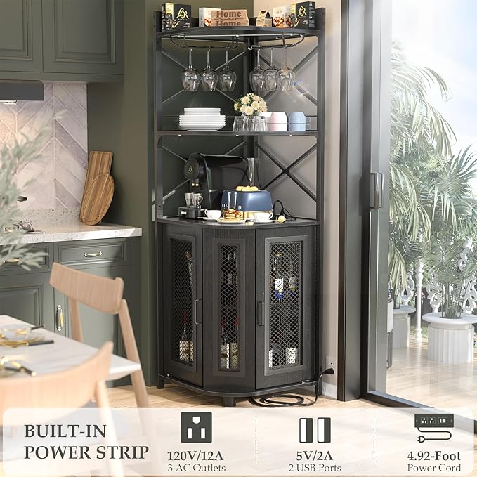 Aheaplus Corner Bar Cabinet with Power Outlet, Industrial Wine Cabinet with LED Strip and Glass Holder, 5-Tiers Liquor Cabinets Bar Unit for Home, Corner Display Cabinets for Small Space, Black
