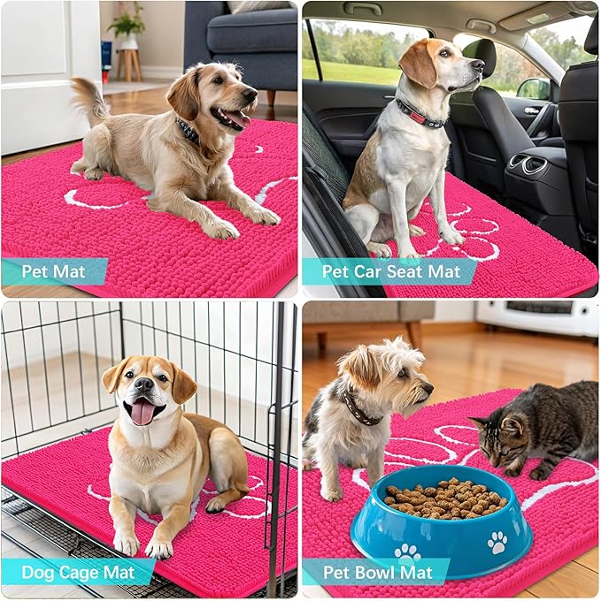 OLANLY Door Mat for Muddy Dog Paws 30x20, Ultra Absorbent Chenille Mud Doormat with Paw Print Design, Non-Slip Washable Doormat for Indoor Entryway, Quick-Dry Pet Bed Mats for Dirty Dogs, Hot Pink
