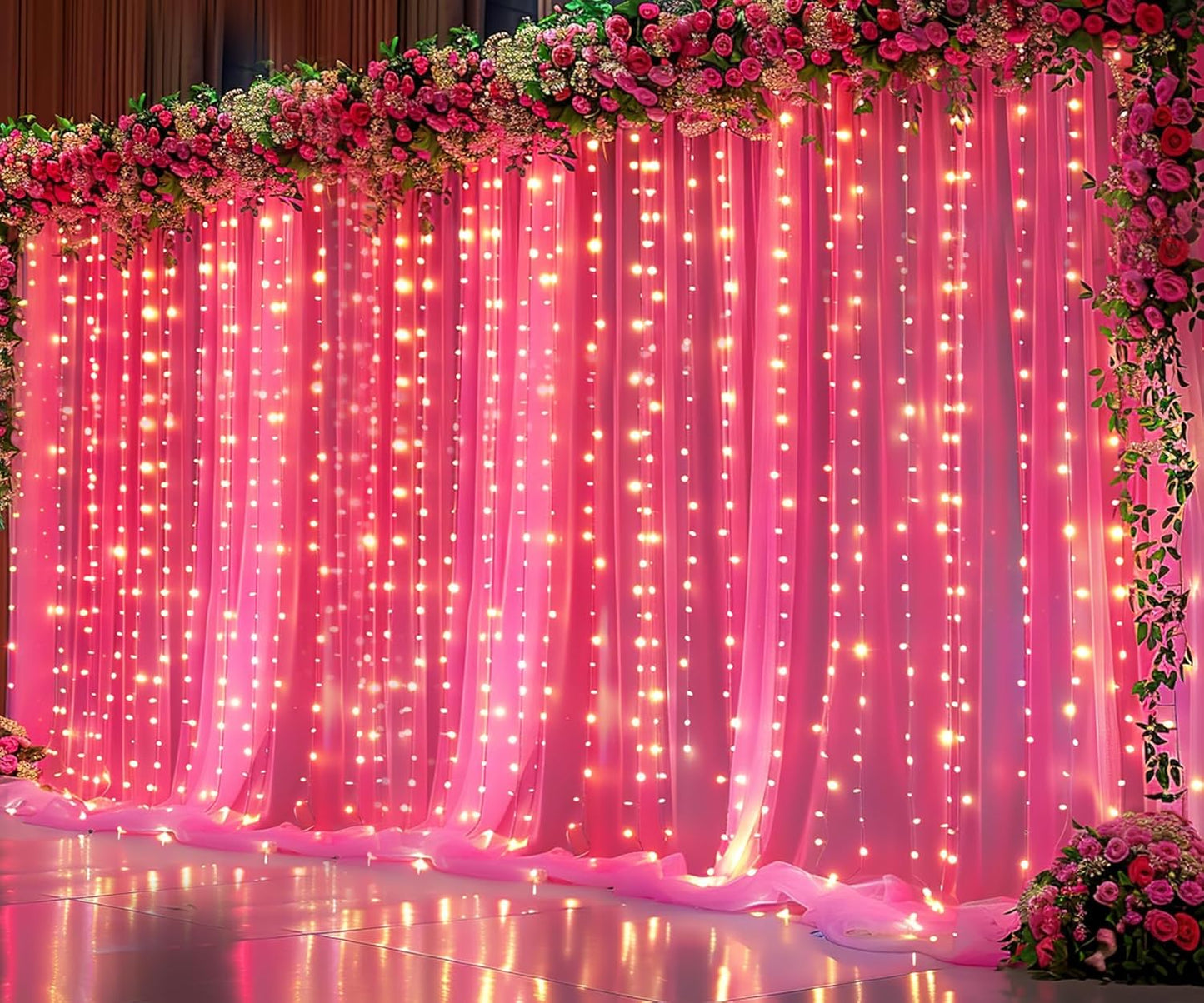 Hot Pink Tulle Backdrop Curtain with Lights String for Parties 30x8ft Fuchsia Sheer Backdrop Curtains for Weddings Birthday Party Baby Shower Photo Shoot Background Decorations(6 Panels 5ft×8ft)