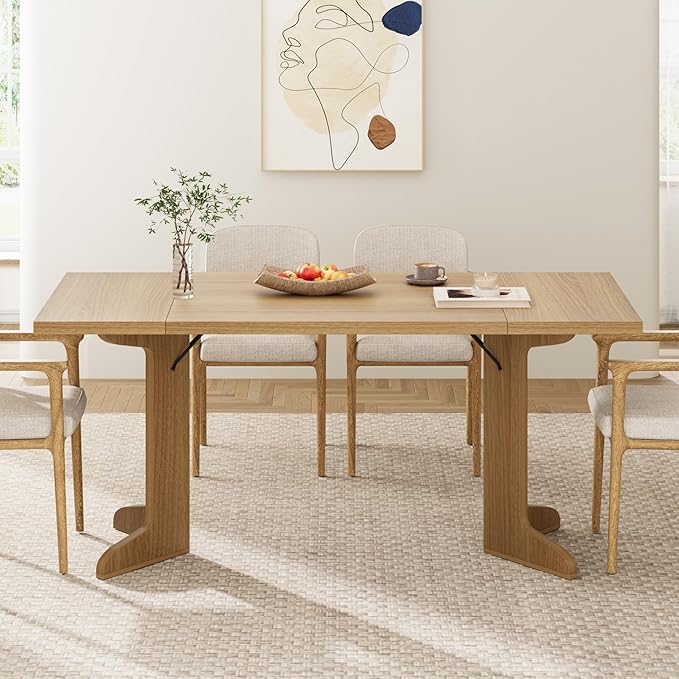 71" Large Dining Table for 6, Farmhouse Kitchen Table with Padded Top and Unique V-Shaped Feet, Rectangular Wooden Dining Table for 8 People for Home, Dining Room, Kitchen, Office,Natural