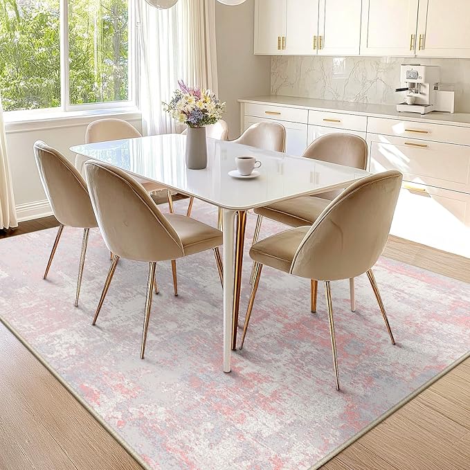 Washable Area Rugs 5'x7' Non-Slip Modern Abstract Soft for Living Room Entryway Bedroom Nursery, Print Pattern, Grey Pink