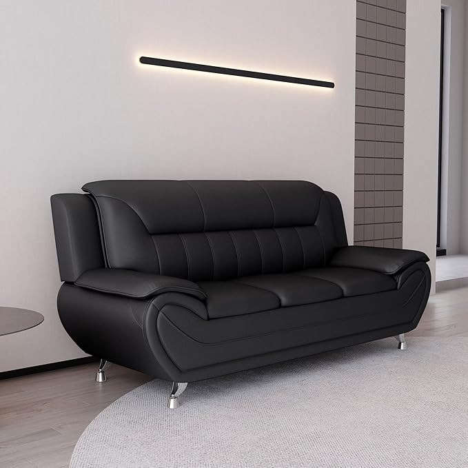 Container Furniture Direct Michael Modern Faux Leather Upholstered Stainless Steel Legs Living Room, Chair, Loveseat, Sofa, Black