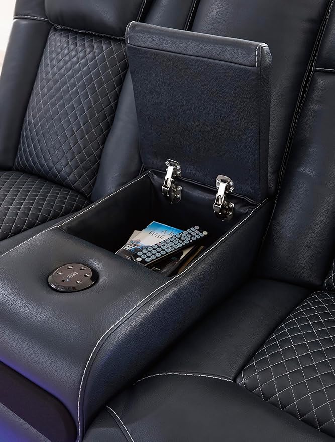 Signature Design by Ashley Fyne-Dyme Contemporary Power Reclining Loveseat with Console, USB Charging Ports and Adjustable Headrest, Blue