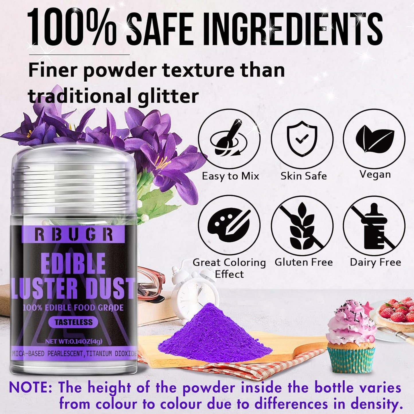 RBUGR Edible Glitter Set, 6 Colors Edible Luster Dust, Food Grade Drink Glitter Edible Dust, Sprinkles Cocktail Glitter, Shimmering Powder Glitter for Fondant, Candy, Vegan Cake Decorating（4g/0.14oz）