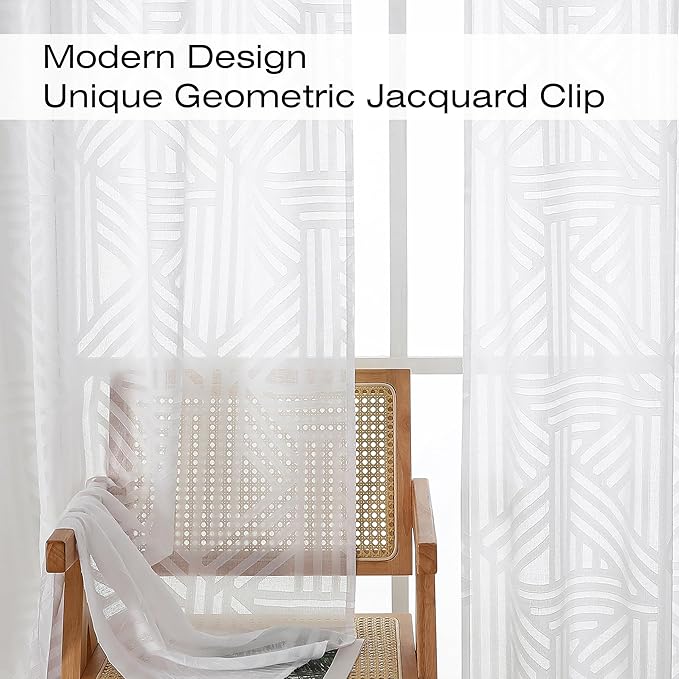 Simplebrand Semi Sheer White Curtains 36 Inch Length 2 Panels, Geometric - Image 4