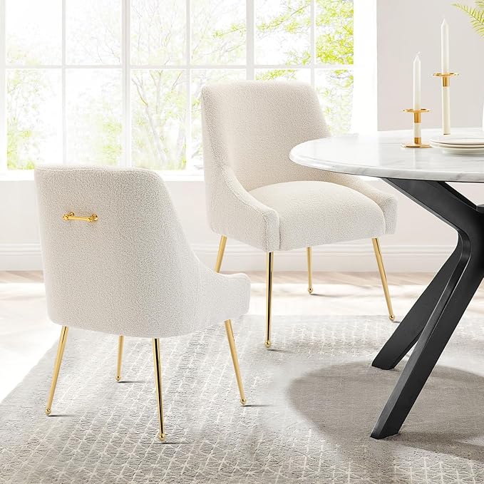 Modern Velvet Dining Chairs Set of 4, Contemporary Upholstered Furniture Collection with Polished Gold Metal Legs, Elegant Accent Chairs for Kitchen Living Room(Teddy Fleece,Beige)