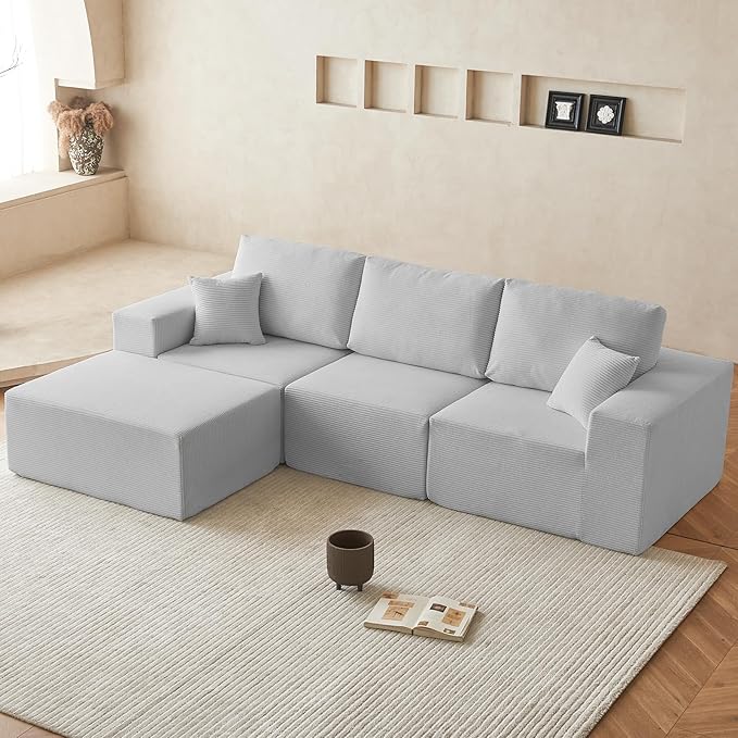 INGEROOM 108" Cloud Sectional Couch, Modular Sectional Sofa with L-Shaped Chaise, Modern Plush Corduroy Couch for Living Room Bedroom, No Assembly Required, Deep Seat（Gray）