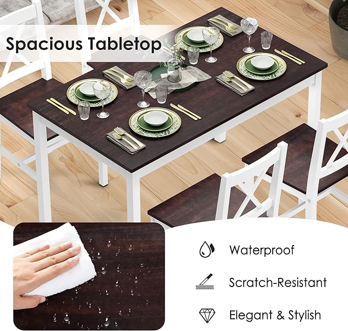 Sogesfurniture Dining Table Set for 4, 42.5" Pine Wood & Walnut Vintage Style, 5 Pieces, Space Saving, Easy Assembly