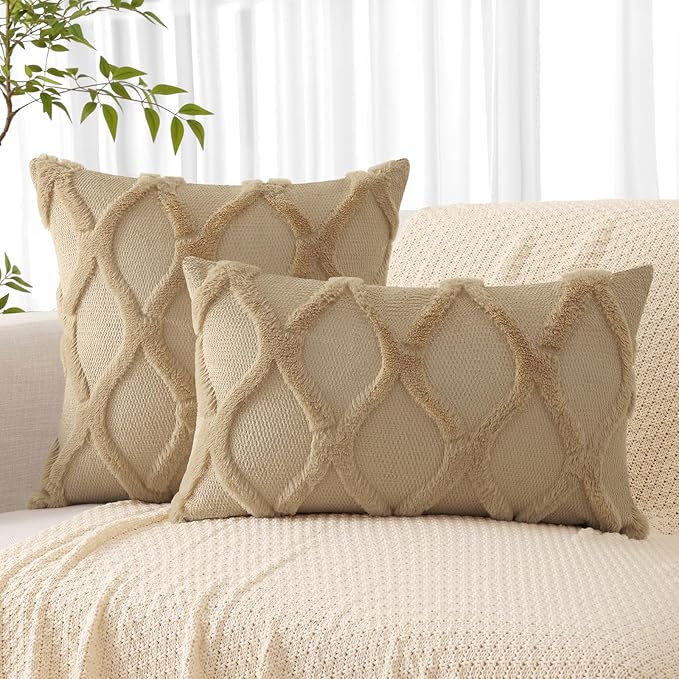 decorUhome Throw Pillow Covers 12x20 Inch Set of 2, Soft Plush Faux Fur Wool Lumbar Khaki Couch Pillow Covers, Decorative Neutral Pillow Cases for Bed Sofa Living Room Home Decor