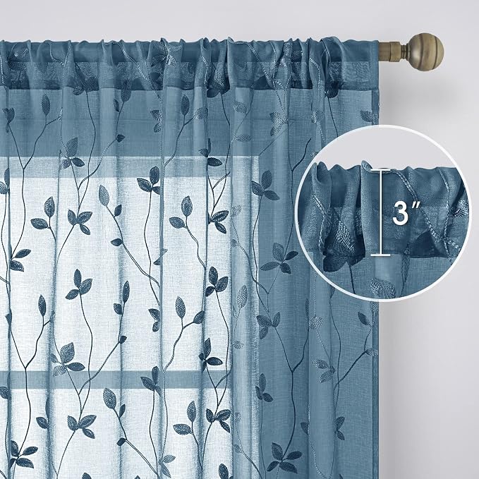 HOMEIDEAS Cyan Blue Sheer Curtains 52 X 84 Inches Length 2 Panels Embroidered - Image 5