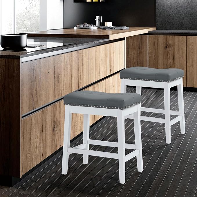 Athena Collection Bar Stools Set of 2, 25 Inches Counter Height Bar Stools Backless with Footrest, Leather Upholstered Saddle Barstools with Nailhead Trim for Kitchen Island, Counter, Grey White
