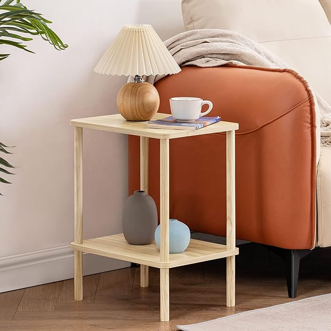 Apicizon 2 Tier End Table, Small Side Table with Solid Wood Legs, Boho Bedside Table with Storage Shelf, Nightstand for Small Spaces, Bedroom, Living Room, Entryway, Easy Assembly, Light Natural