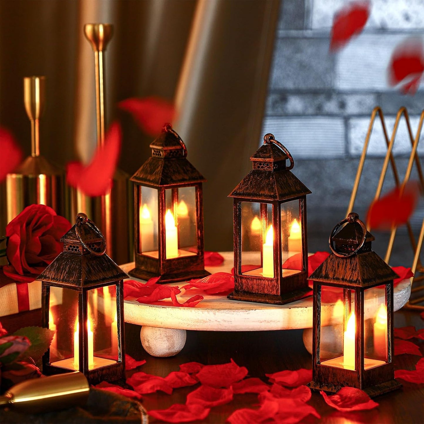 Hoolerry 24 Set Halloween Mini Lanterns with LED Candles 5.5'' Decorative Hanging Small Vintage Lantern Centerpiece Battery Powered for Wedding Table(Rustic)