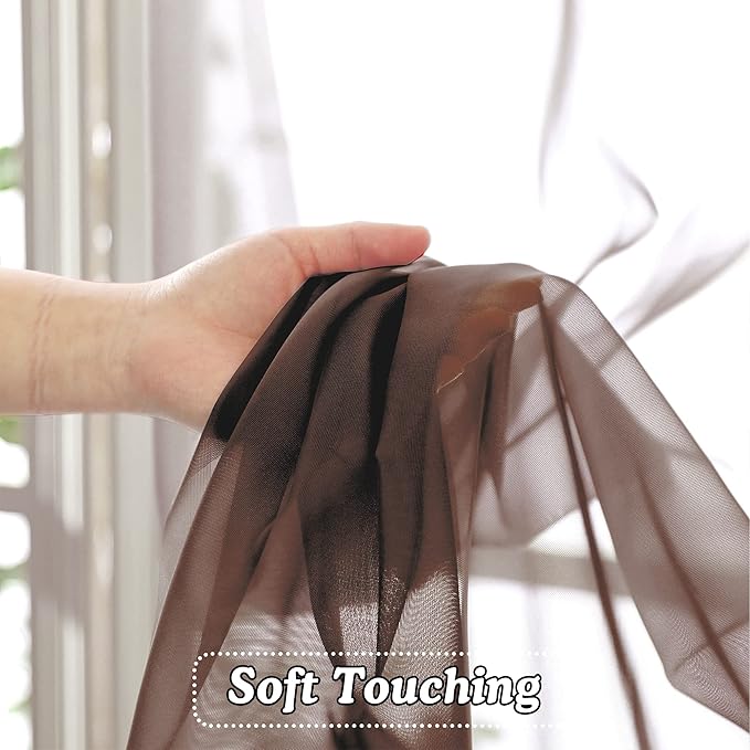 OVZME Brown Sheer Curtains 36 inches Long, Short Kitchen Window Treatment Solid - Image 4