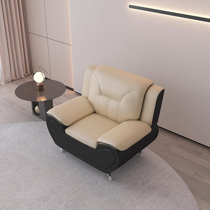 Container Furniture Direct Michael Modern Faux Leather Upholstered Stainless Steel Legs Living Room, Chair, Camel/Black