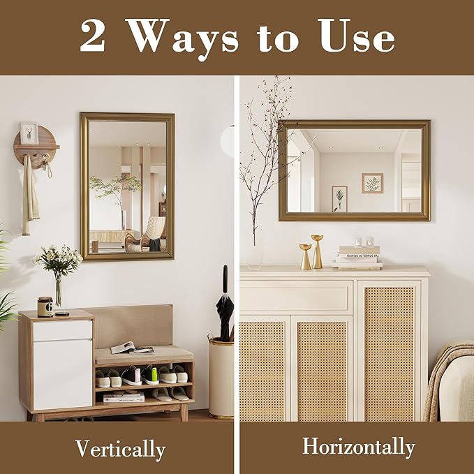 Axeman 32x48 Rectangular Wall Mirror, Decorative Bathroom Mirror, Traditional Vintage Wall Mounted Mirror with Beaded Frame for Accent Living Room Vanity Bedroom Entryway, Gold
