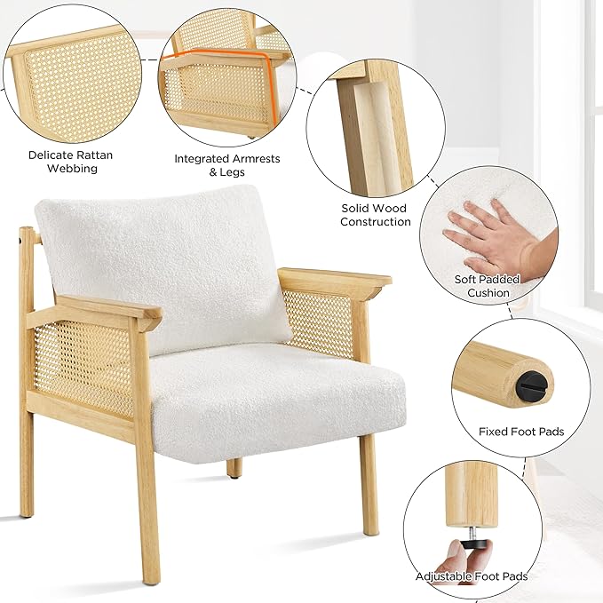 Yaheetech Accent Boucle Vanity Chair with Rattan Back Arms, Mid Century Upholstered Living Room Lounge Chair Bedroom Balcony White 2 PCS
