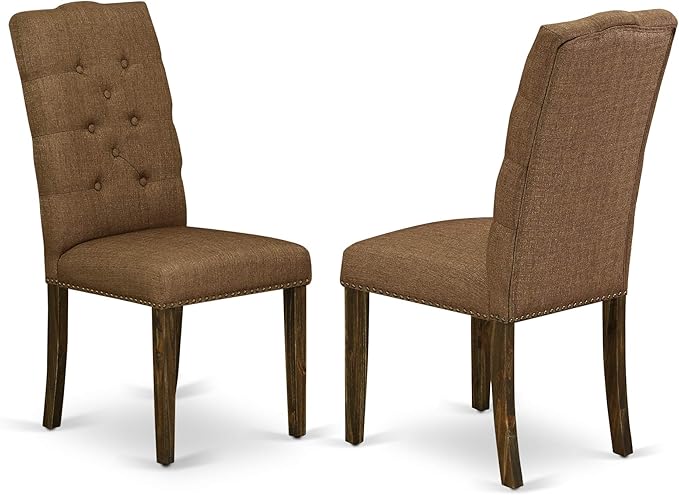 East West Furniture F3EL5-718 5 Piece Modern Dining Table Set Includes a Round Wooden Table with Pedestal and 4 Brown Linen Linen Fabric Parsons Dining Chairs, 48x48 Inch, Distressed Jacobean
