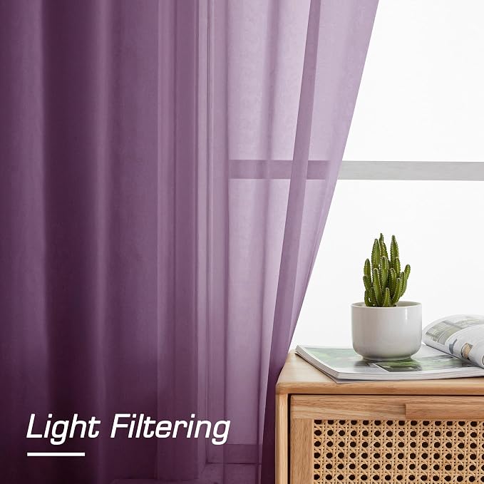 OWENIE Plum Sheer Curtains 63 Inches Long 2 Panels Set, Light Filtering Voile - Image 4