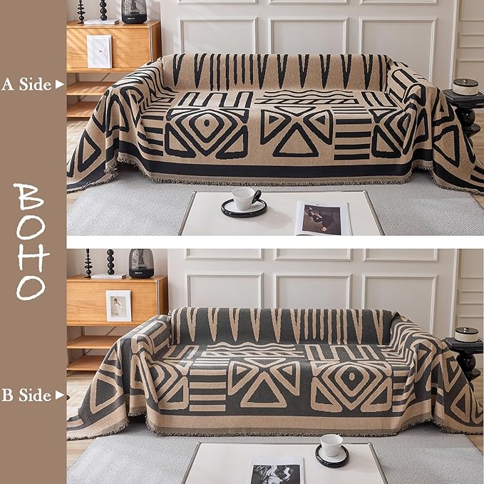 HANDONTIME Boho Geometric Couch Covers for Sofa Pet Friendly Taupe and Black Sofa Covers Washable Chenille Couch Blanket Cover for 2 3 Cushion Couches Pet Protector Furniture Cover Soft, 71" X 118"