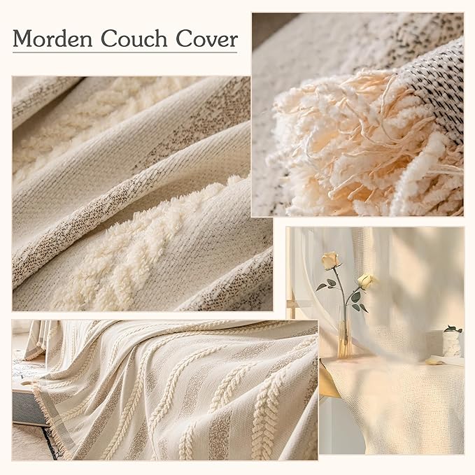 Couch Cover for Dogs Washable Sofa Cover, Sectional Couch Covers, Sofa Covers for 2 Cushion Couch, Non Slip Stripe Sofa Slipcovers Furniture Protector, Couch Protector from Cat Claws, Beige,71''x102''