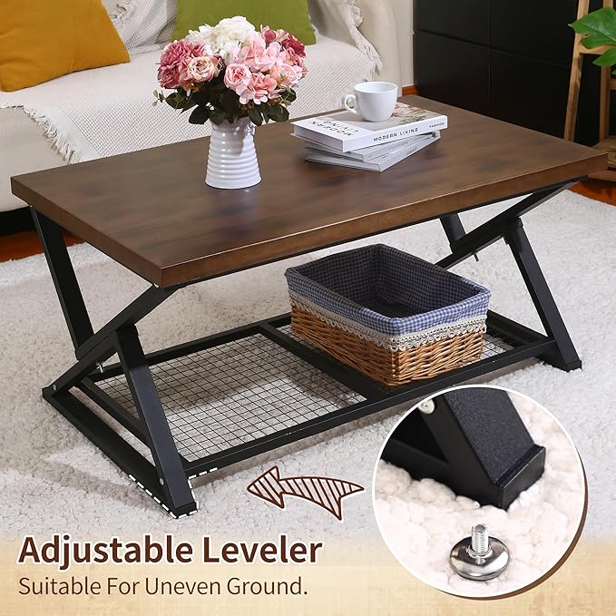 EASYSOUL Coffee Table with Storage Shelf, Solid Wood Top with Black Metal X-Frame, 39.37" D x 23.62" W x 18.11" H, Mid Century Modern Center Coffee Tables for Living Room with 2 Tier (Brow, 47.24")