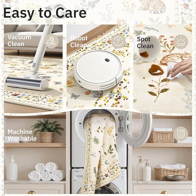 Cat 8x10 Area Rugs for Living Room, Machine Washable Animal Floral Vintage Rug - Image 7