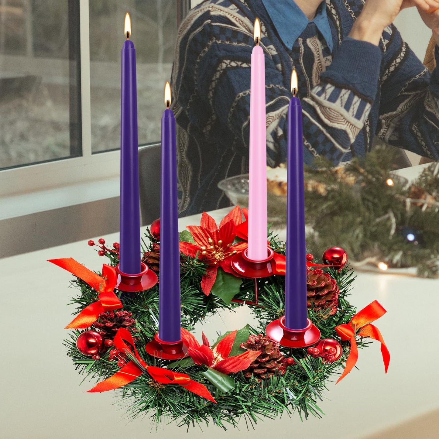 4 Pack Advent Taper Candles Premium Hand Dipped 10in Unscented Christmas Taper Candles - Ideal for Seasonal Celebrations, Holidays, Church, Celebration, Party