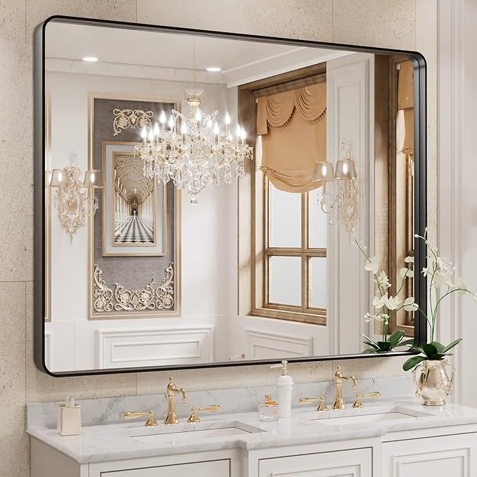 WEER Black Bathroom Mirror, 40X30 Inch Rectangular Black Metal Framed for Wall, Farmhouse Bathroom Vanity Mirror with Tempered Glass, Rounded Corner, Anti-Rust (Horizontal/Vertical)