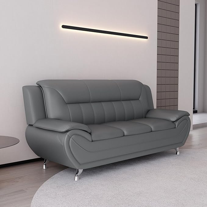 Container Furniture Direct Michael Modern Faux Leather Upholstered Stainless Steel Legs Living Room Sofa, Loveseat, Sleek Gray