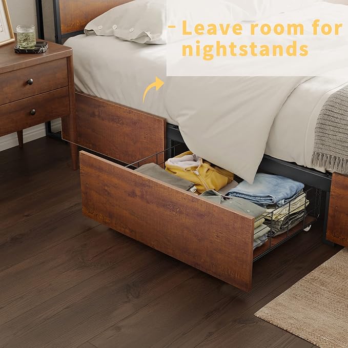 King Bed Frame with Storage Headboard and 4 Drawers Bed Frame King Size with Charging Station LED Lights Metal Platform Non-Slip Without Noise No Box Spring Needed