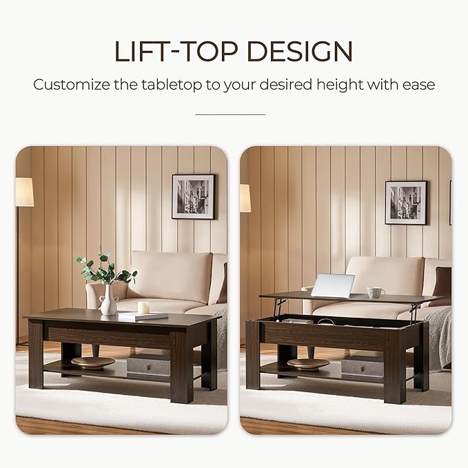 Yaheetech Lift Top Coffee Table with Hidden Compartment and Storage Shelf, Rising Tabletop Dining Table for Living Room Reception Room, 47.5in L, Espresso
