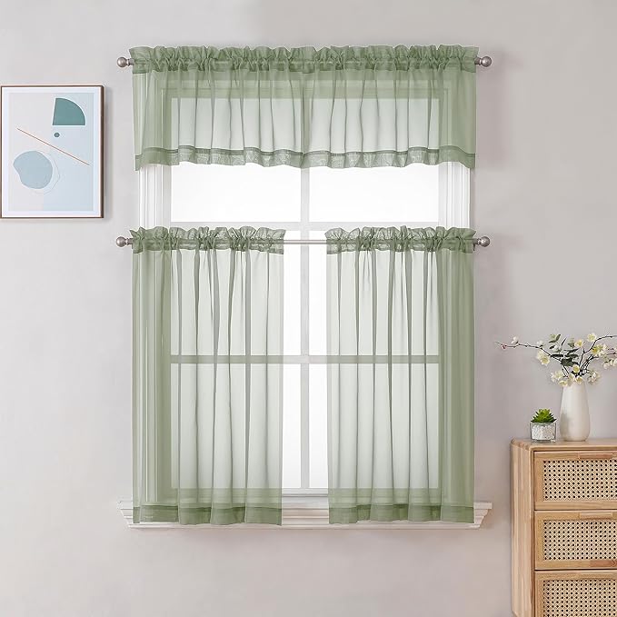 Chyhomenyc Sage Green Sheer Curtains 36 Inch Length, Short Voile Sheer Window - Image 2