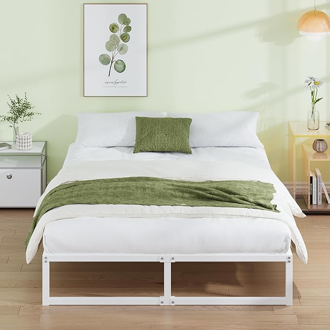 EMODA 12 Inch California King Bed Frame, Metal Platform White Bed Frame No Box Spring Needed, Heavy Duty Steel Slats Support, Easy Assembly, Noise Free