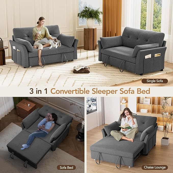 Vipbear 3-in-1 Chenille Convertible Sofa Bed, Pull Out Sleeper Sofa with Reclining Backrest & Side Pocket, Tool-Free Assembly, Folding Loveseat for Living Room, Apartment, Grey