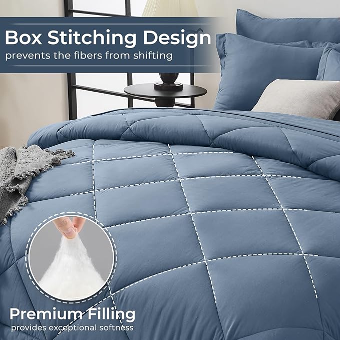 HEVUMYI Dusty Blue Queen Comforter Set - 7-Piece All Season Bed in a Bag Queen, Ultra Soft Bedding Set with Comforter, Flat Sheet, Fitted Sheet, Pillowcases, Pillow Shams