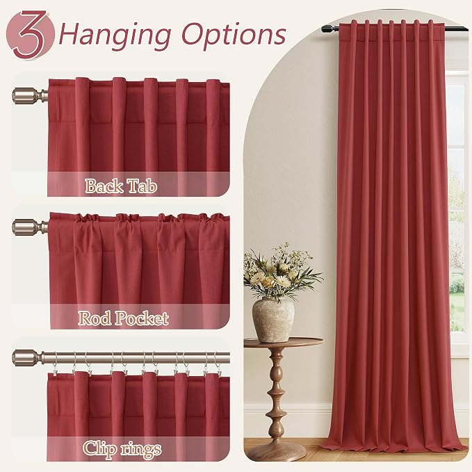 Guken Red 100% Blackout Linen Curtains 120 Inch Length 2 Panels Set - Image 6