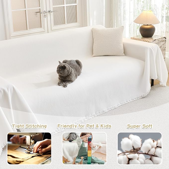 MYSKY HOME Couch Covers for Pets Thick Chenille White Cream Sofa Slipcover - Image 2